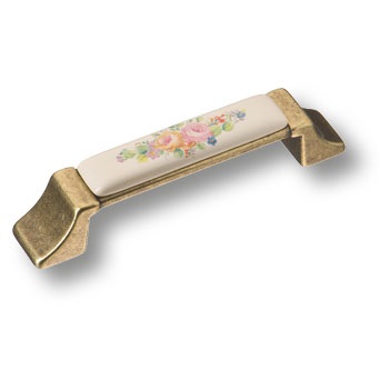 Ручка скоба BRASS 15.275.96.PO11.12 керамика с металлом, цветочный орнамент античная бронза 96 мм