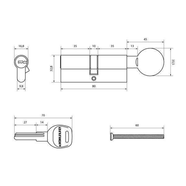 Цилиндр Аллюр HD FG 80-5K, СР (40*40G) 5 кл, хром, перф. кл/верт.