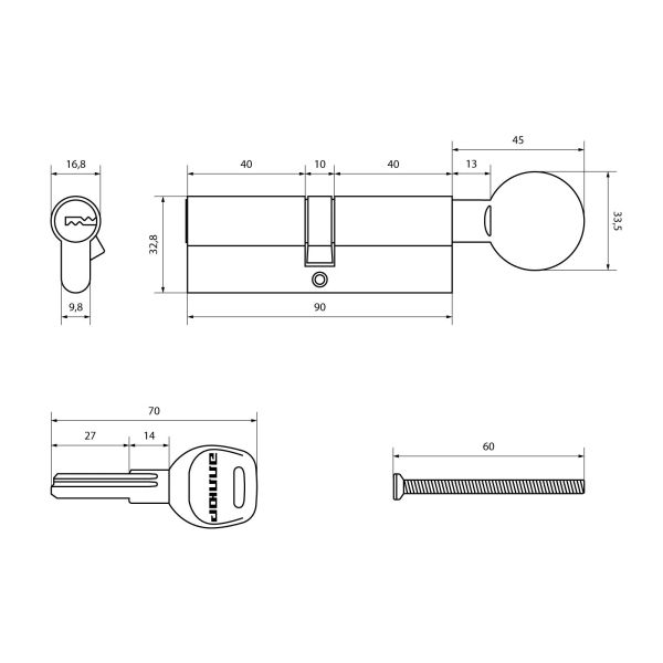 Цилиндр Аллюр HD FG 90-5K, СР (45*45) 5 кл, хром, перф. кл/верт.
