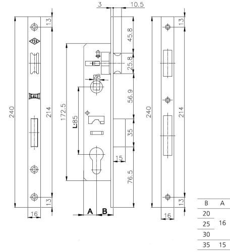 Замок врезной Kale 153P 85-16-20 планка 16 мм, б/о, под нажимную ручку