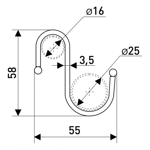Крючок для рейлинга SOLLER АE-512-1, S-образный, шарик 55*4*58