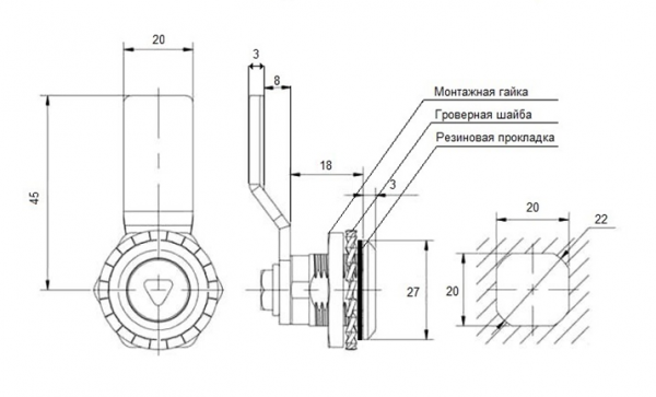 Замок щитовой RZ 01-8 (tr) TITAN нерж.сталь, кривой ригель 8 мм с ключом