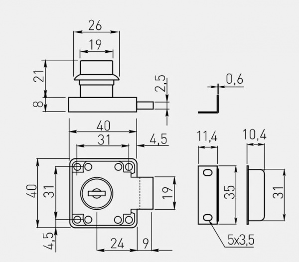 Замок мебельный GTV №138 с планкой, простой (металлический) ключ ZZ-KM-138-01-S